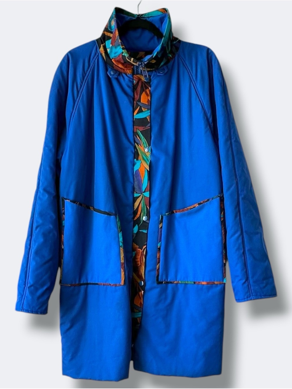 Vintage 90s Royal Blue Statement Parka - Tropical Floral Lining - Oversized XL - Picture 3 of 12